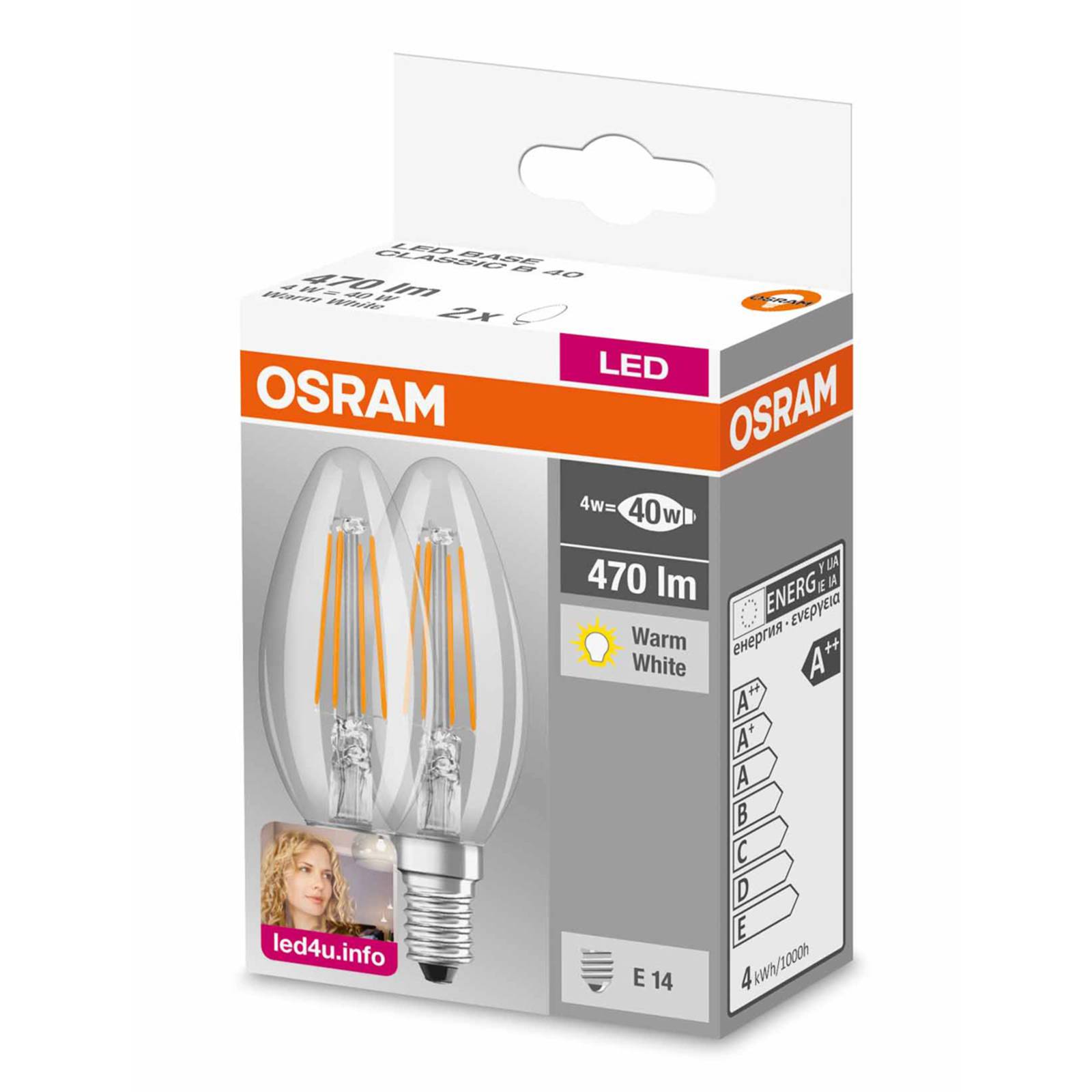 Osram LED-Lampe E14 4W Kerze Filament 827 2er-Set