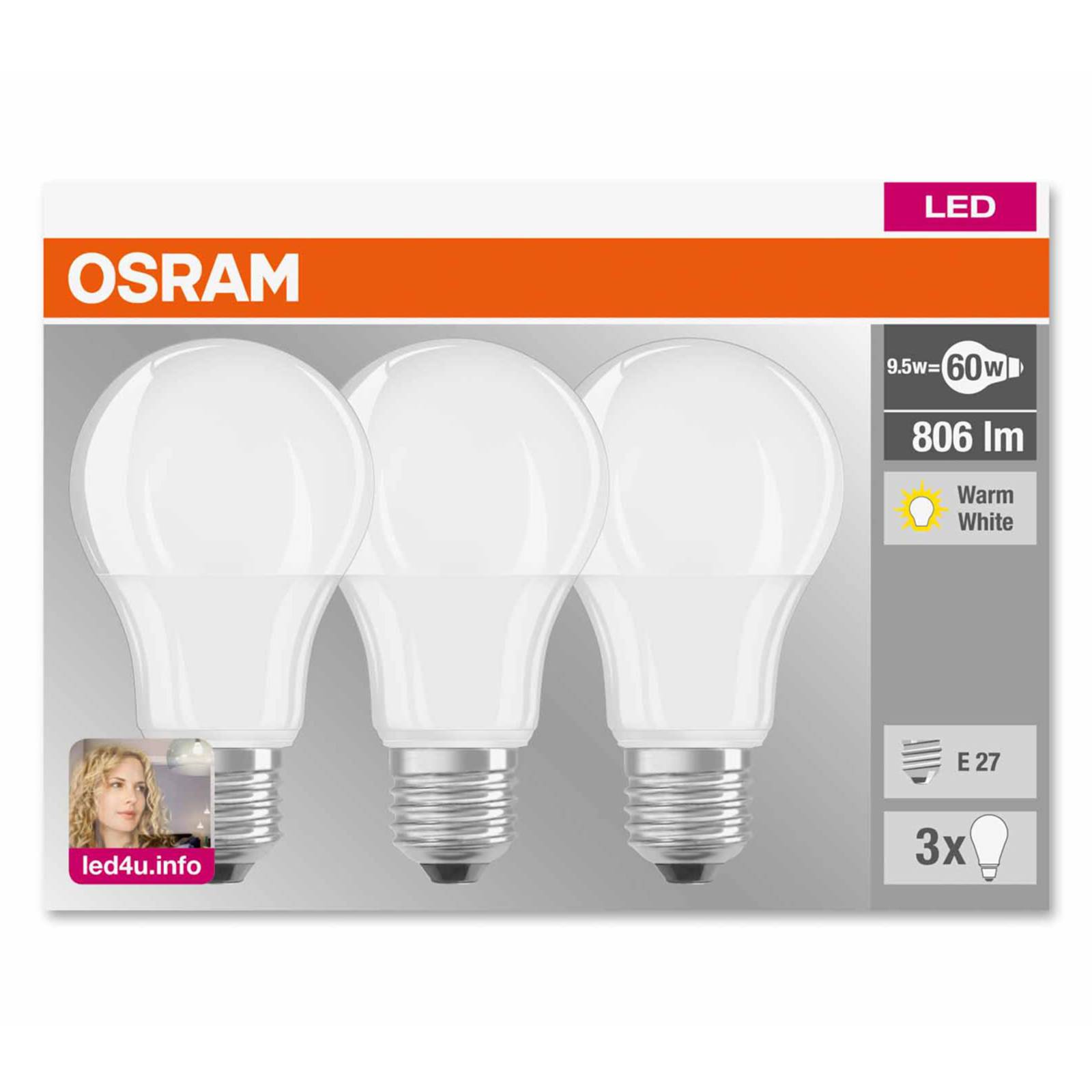 Osram LED-Lampe E27 9W 827 matt, 3er-Set