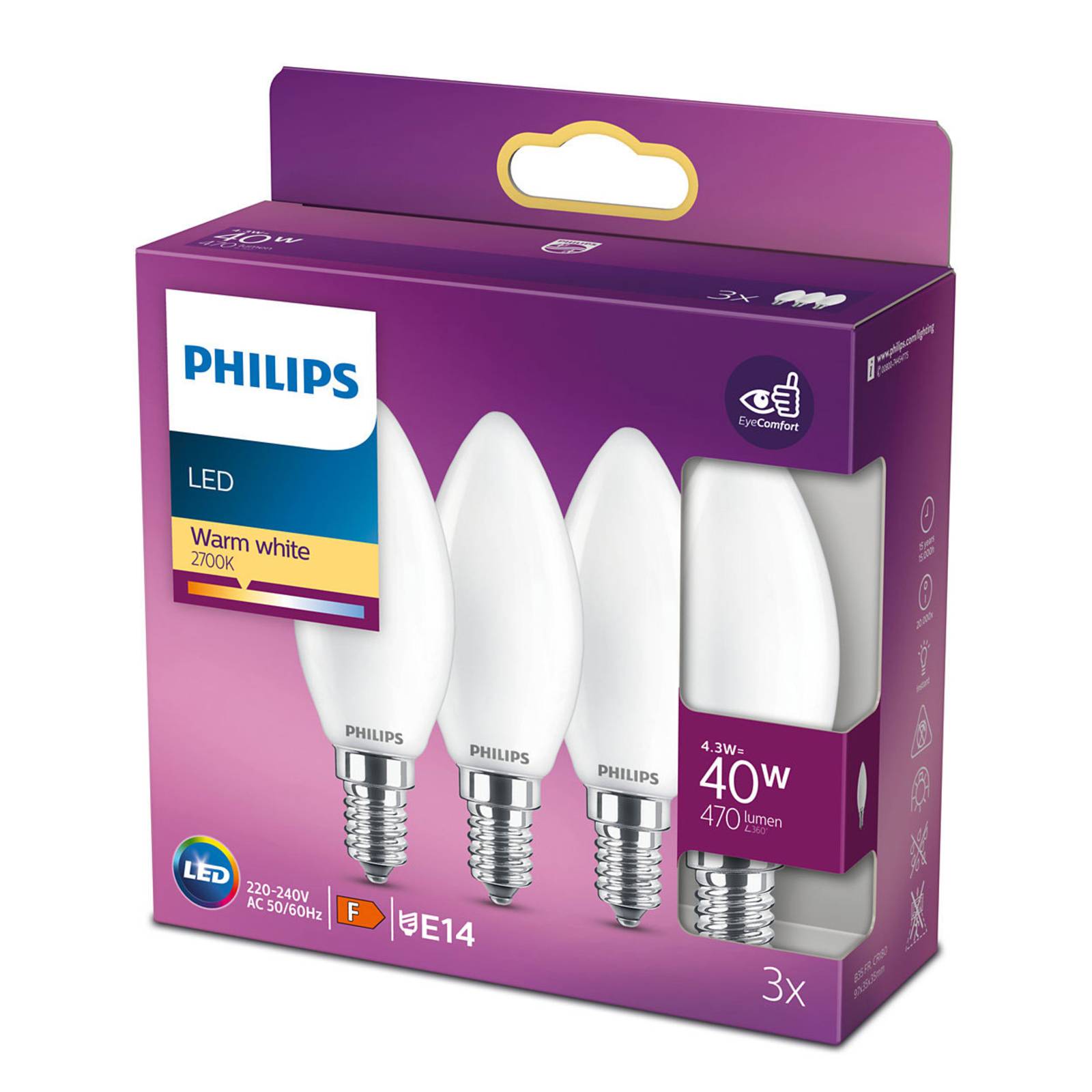 Philips LED-Kerzenlampe E14 B35 4,3W matt 3er-Pack