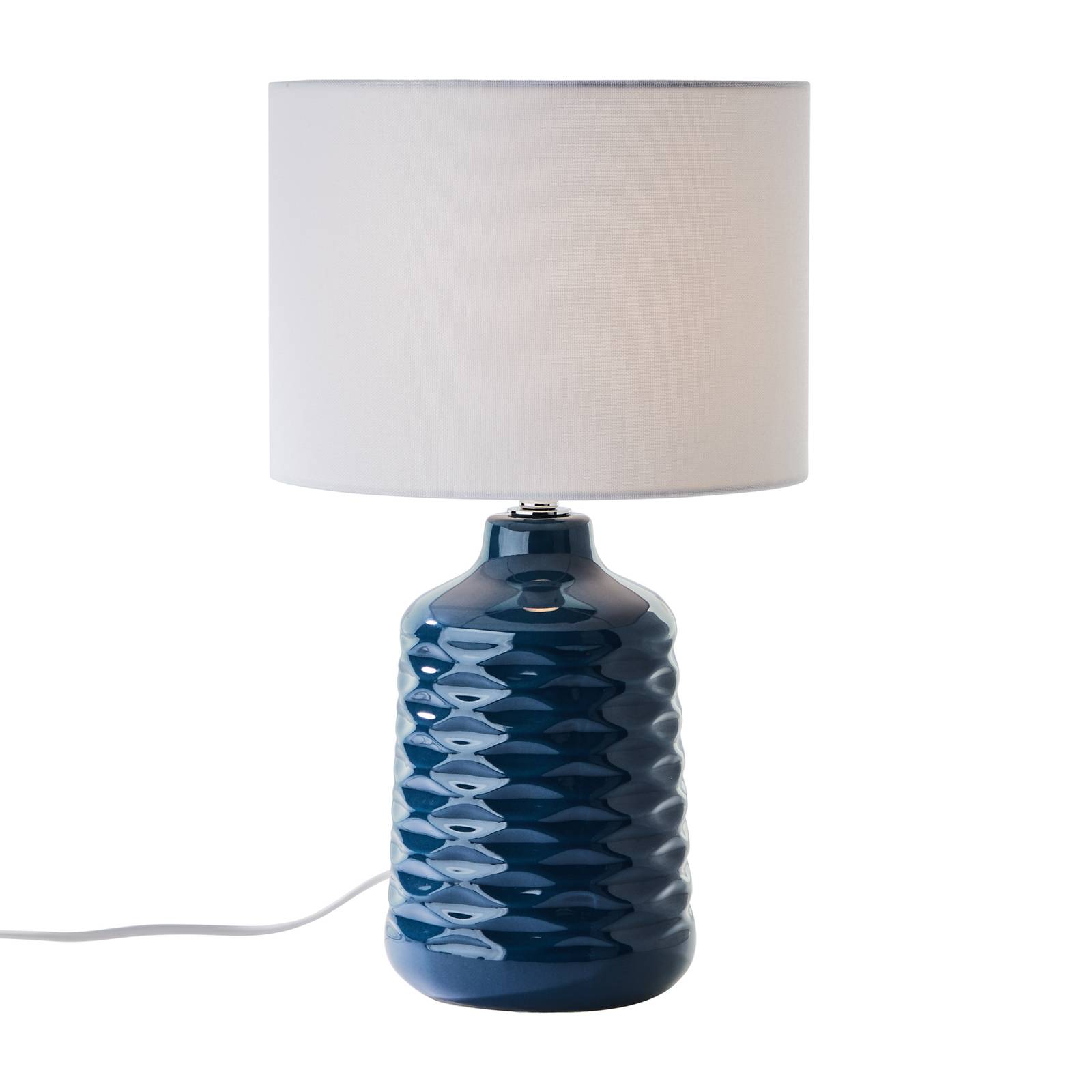 Brilliant Tischlampe Ilysa Stoffschirm weiß, Keramikfuß blau