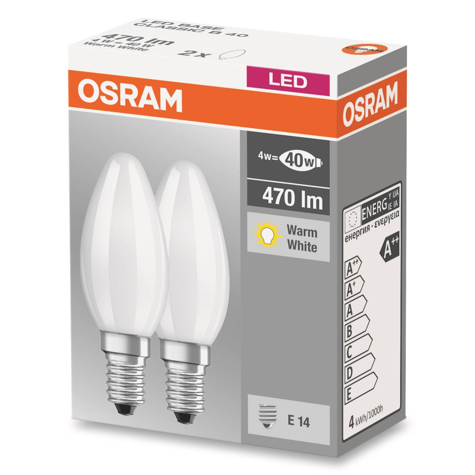 Osram LED-Kerzenlampe E14 4W 827 matt 2er-Set