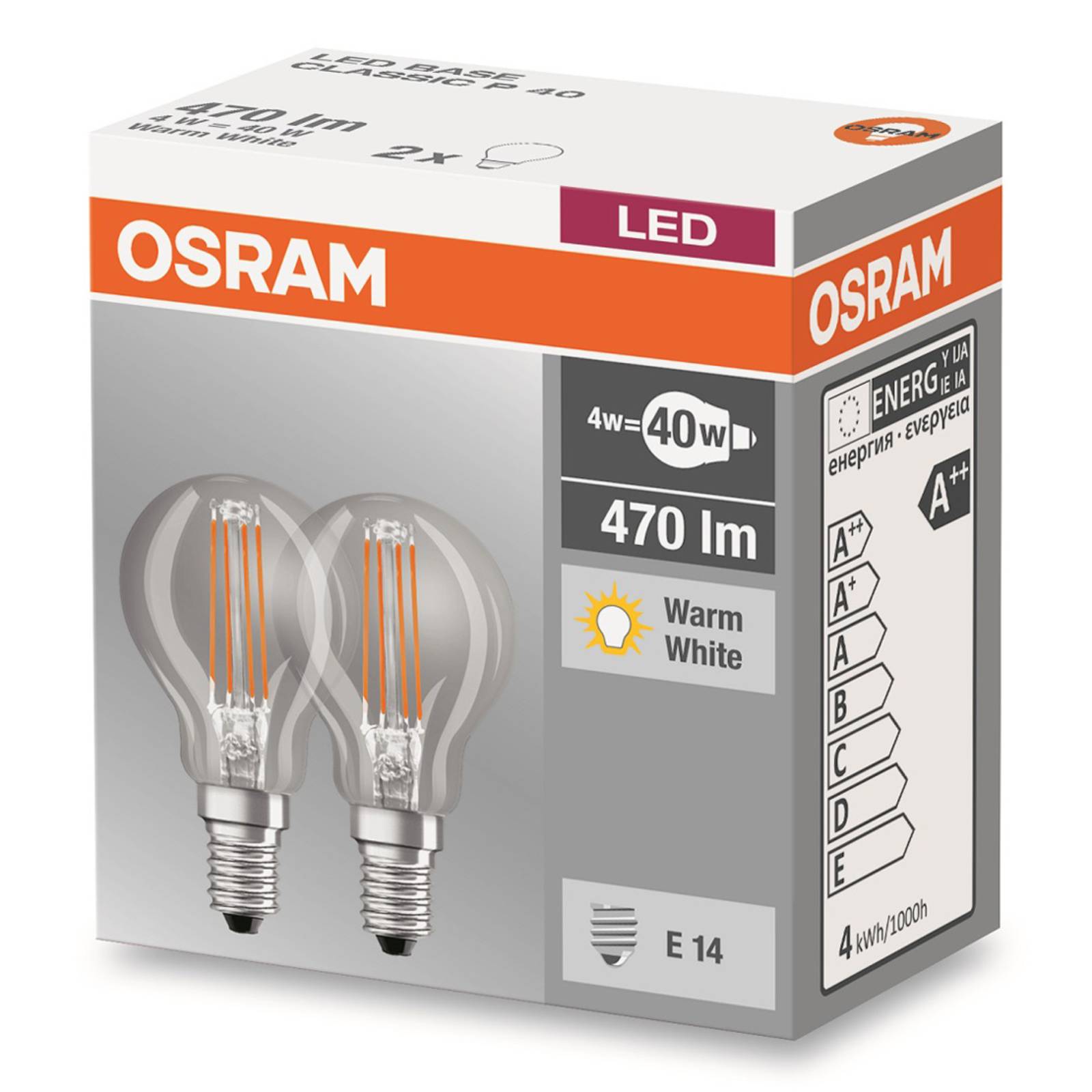 Osram LED-Lampe E14 4W 827 Tropfen Filament 2er-Set